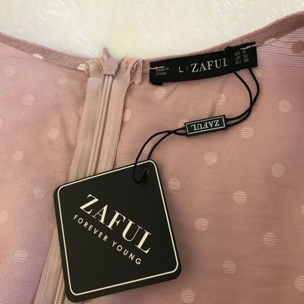 Zaful Women's 6 Ruffled Wrap Mini Dress Mauve Pink Polka Dot Frilly Coquette New - Picture 4 of 7